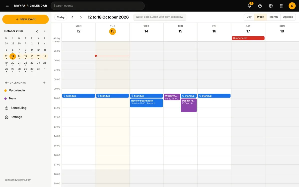 Mayfair Calendar on a laptop screen