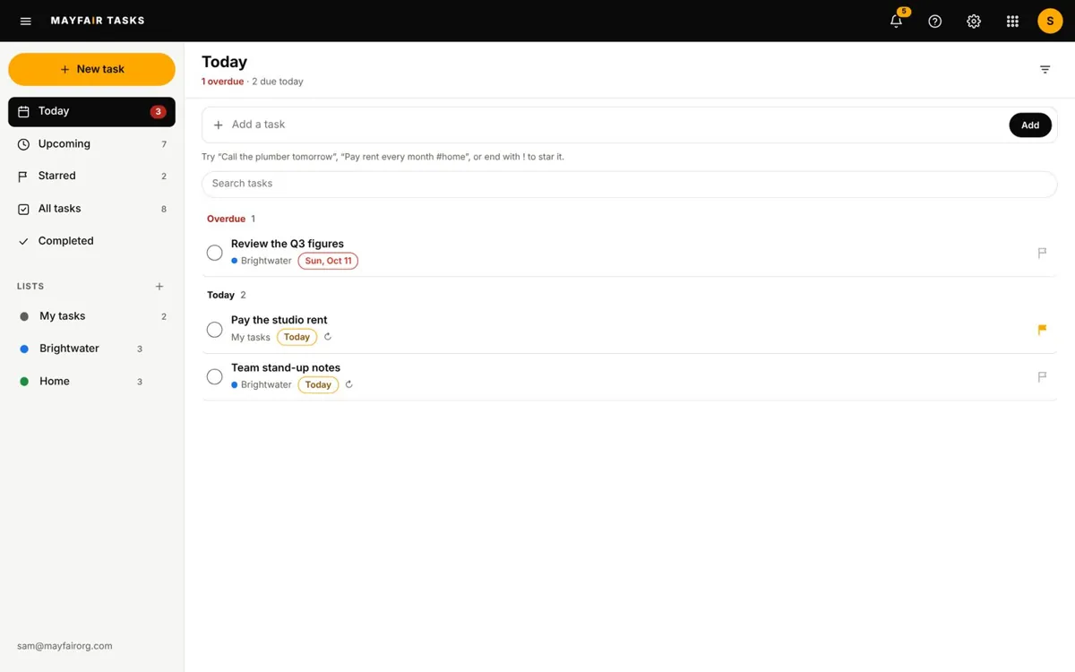 Mayfair Tasks on a laptop screen