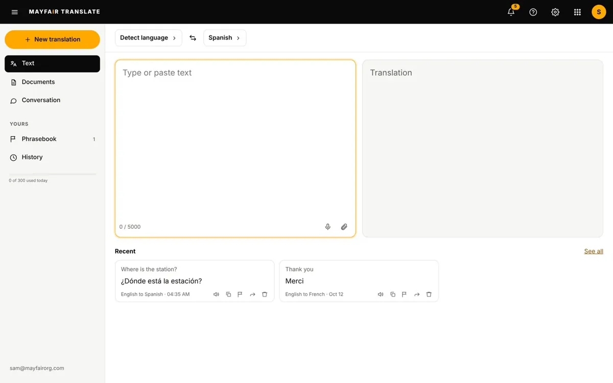 Mayfair Translate on a laptop screen